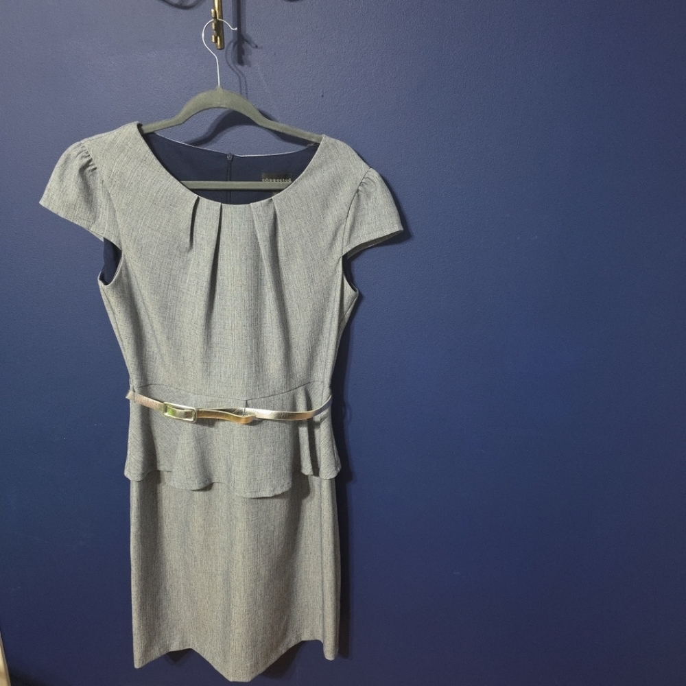 Connected Apparel Womens Sheath Peplum Dress Pleated Belted Blue Size 12